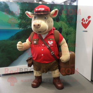 Red Beef Wellington mascot costume character dressed with a Cargo Shorts and Bracelets