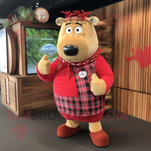 Red Beef Wellington mascot costume character dressed with a Cargo Shorts and Bracelets