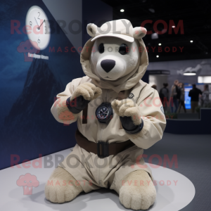 Beige Navy Seal mascot costume character dressed with a Hoodie and Bracelet watches