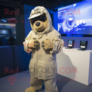 Beige Navy Seal mascot costume character dressed with a Hoodie and Bracelet watches