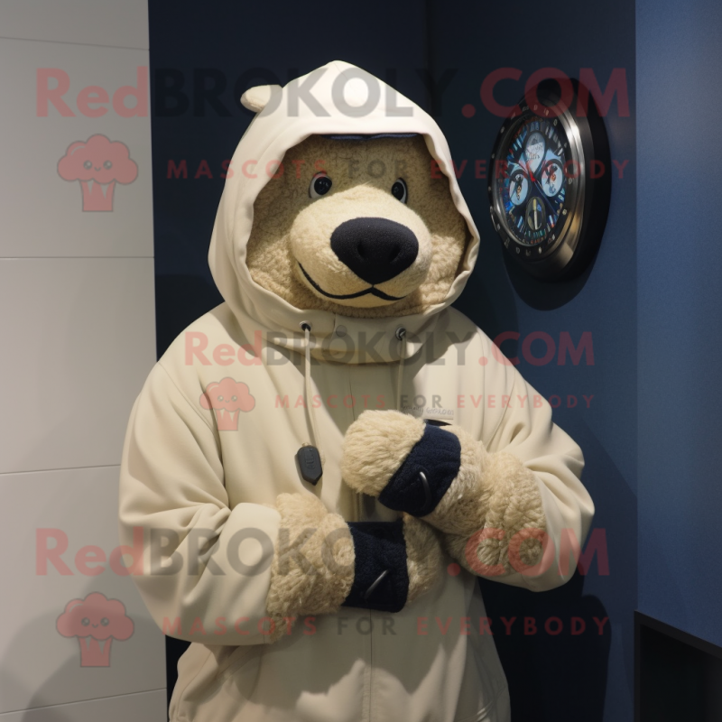 Beige Navy Seal mascot costume character dressed with a Hoodie and Bracelet watches