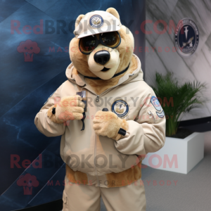 Beige Navy Seal mascot costume character dressed with a Hoodie and Bracelet watches