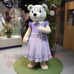 Lavender Bear mascot costume character dressed with a Shift Dress and Brooches