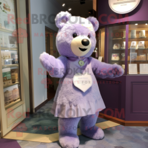 Lavender Bear mascot costume character dressed with a Shift Dress and Brooches