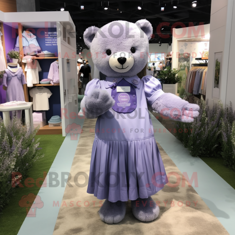 Lavender Bear mascot costume character dressed with a Shift Dress and Brooches