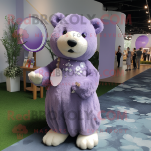 Lavender Bear mascot costume character dressed with a Shift Dress and Brooches