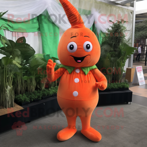 Peach Carrot mascot costume character dressed with a Jumpsuit and Clutch bags