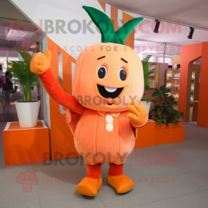 Peach Carrot mascot costume character dressed with a Jumpsuit and Clutch bags