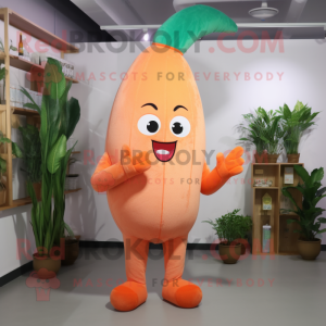 Peach Carrot mascot costume character dressed with a Jumpsuit and Clutch bags