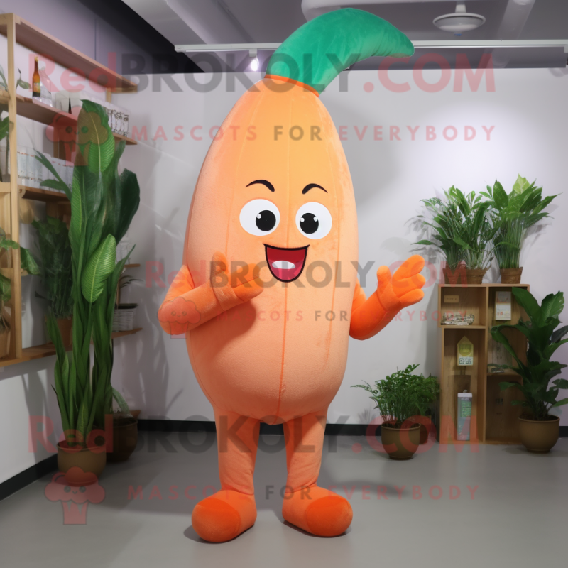 Peach Carrot mascot costume character dressed with a Jumpsuit and Clutch bags Peach Carrot mascot costume character dressed with a Jumpsuit and Clutch bags