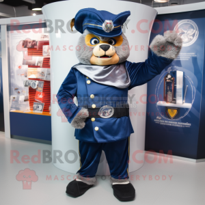 Navy Knife Thrower mascot costume character dressed with a Coat and Coin purses