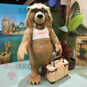Tan Sloth Bear mascot costume character dressed with a Bikini and Tote bags