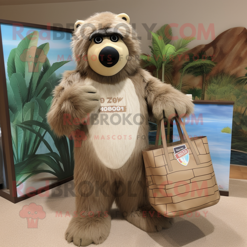 Tan Sloth Bear mascot costume character dressed with a Bikini and Tote bags