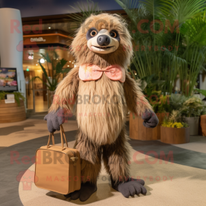 Tan Sloth Bear mascot costume character dressed with a Bikini and Tote bags