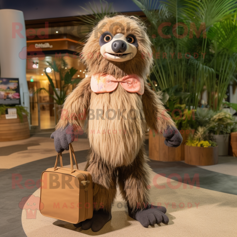 Tan Sloth Bear mascot costume character dressed with a Bikini and Tote bags