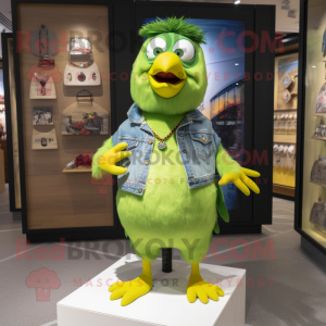 Lime Green Canary mascot costume character dressed with a Denim Shorts and Necklaces