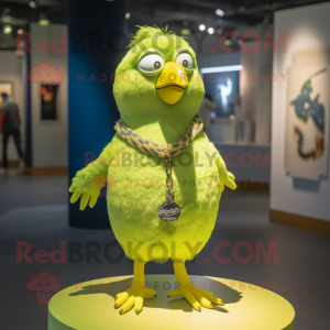 Lime Green Canary mascot costume character dressed with a Denim Shorts and Necklaces