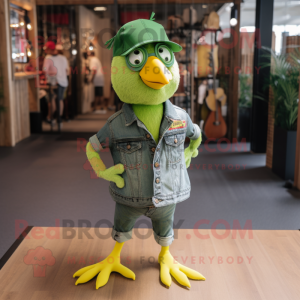 Lime Green Canary mascot costume character dressed with a Denim Shorts and Necklaces