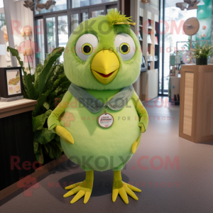 Lime Green Canary mascot costume character dressed with a Denim Shorts and Necklaces