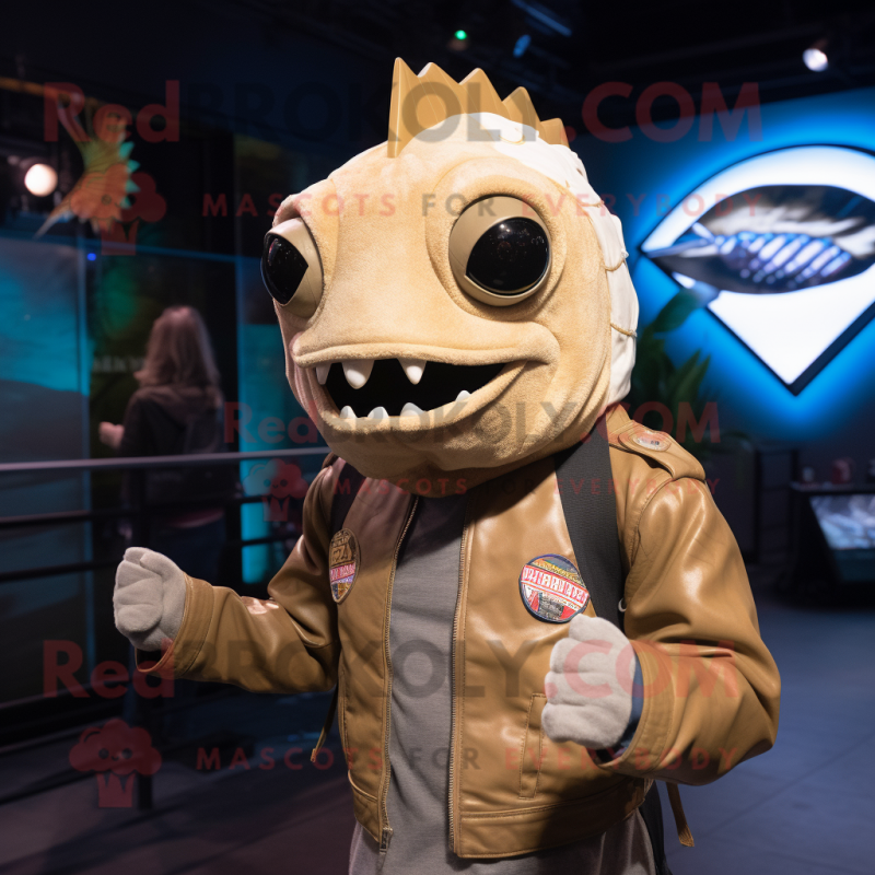 Beige Fish Tacos mascot costume character dressed with a Moto Jacket and Lapel pins Beige Fish Tacos mascot costume character dressed with a Moto Jacket and Lapel pins