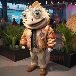 Beige Fish Tacos mascot costume character dressed with a Moto Jacket and Lapel pins