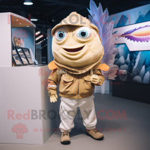 Beige Fish Tacos mascot costume character dressed with a Moto Jacket and Lapel pins