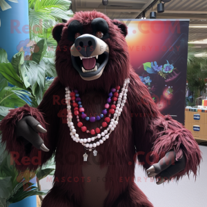 Maroon Sloth Bear mascot costume character dressed with a Bikini and Necklaces