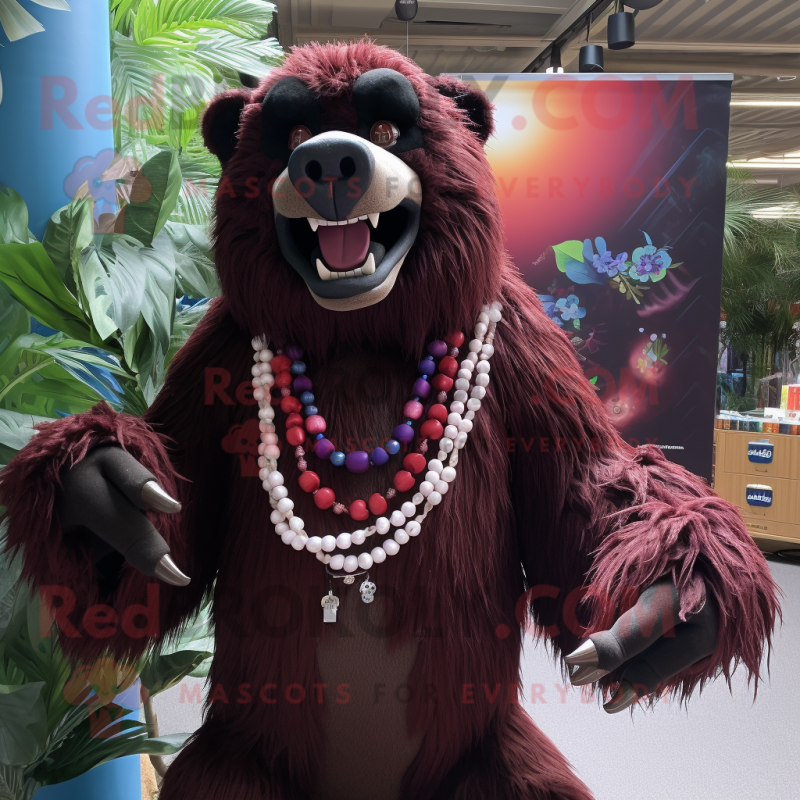 Maroon Sloth Bear mascot costume character dressed with a Bikini and Necklaces Maroon Sloth Bear mascot costume character dressed with a Bikini and Necklaces