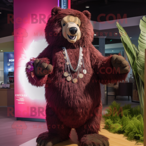 Maroon Sloth Bear mascot costume character dressed with a Bikini and Necklaces