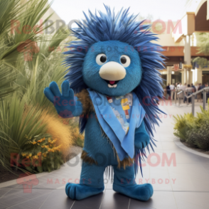 Blue Porcupine mascot costume character dressed with a Flare Jeans and Wraps