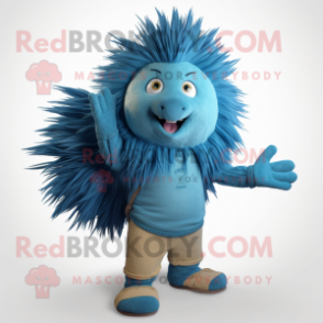 Blue Porcupine mascot costume character dressed with a Flare Jeans and Wraps