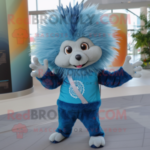 Blue Porcupine mascot costume character dressed with a Flare Jeans and Wraps