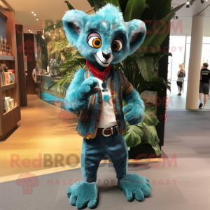 Turquoise Lemur mascot costume character dressed with a Bootcut Jeans and Anklets