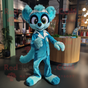 Turquoise Lemur mascot costume character dressed with a Bootcut Jeans and Anklets