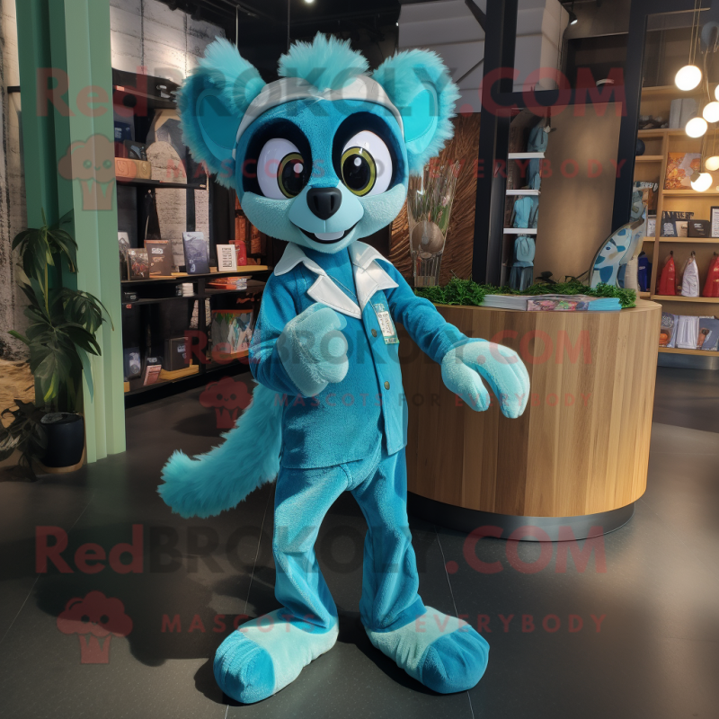 Turquoise Lemur mascot costume character dressed with a Bootcut Jeans and Anklets Turquoise Lemur mascot costume character dressed with a Bootcut Jeans and Anklets