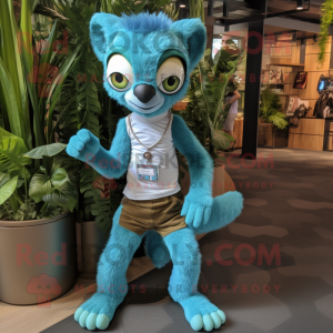 Turquoise Lemur mascot costume character dressed with a Bootcut Jeans and Anklets