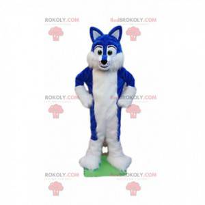 Blaues und weißes Hundemaskottchen, haariges Hundekostüm -