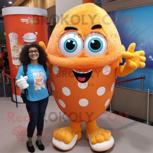 Orange Pop Corn mascot costume character dressed with a Mom Jeans and Rings