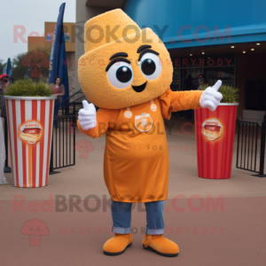 Orange Pop Corn mascot costume character dressed with a Mom Jeans and Rings