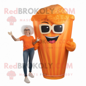 Orange Pop Corn mascot costume character dressed with a Mom Jeans and Rings