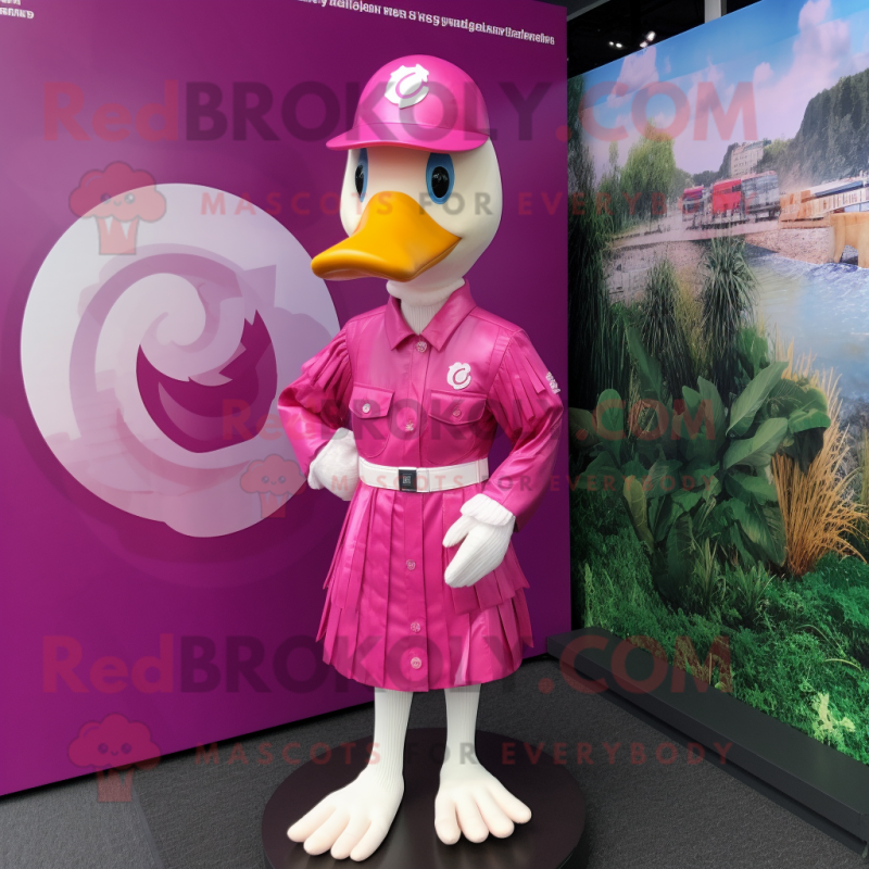Magenta Swans mascot costume character dressed with a Romper and Berets Magenta Swans mascot costume character dressed with a Romper and Berets