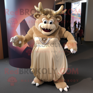 Beige Minotaur mascot costume character dressed with a Ball Gown and Rings