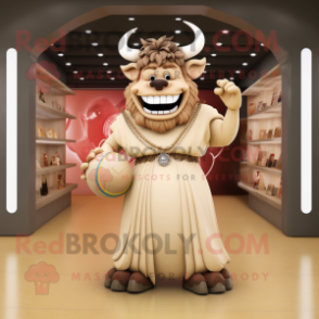 Beige Minotaur mascot costume character dressed with a Ball Gown and Rings