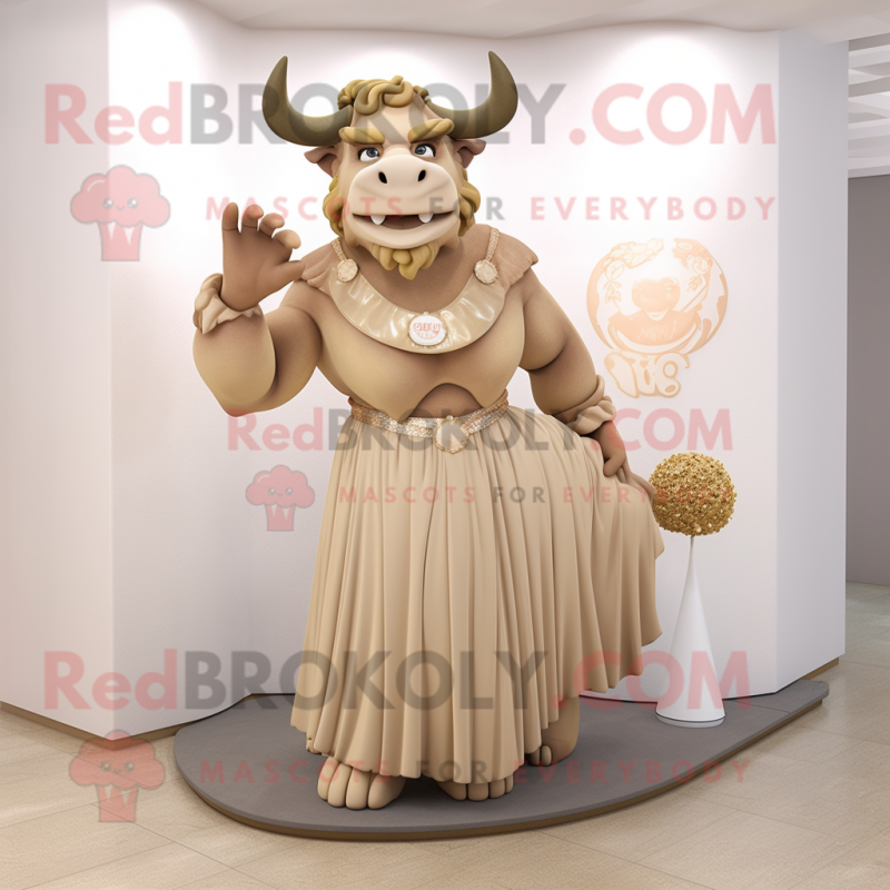 Beige Minotaur mascot costume character dressed with a Ball Gown and Rings