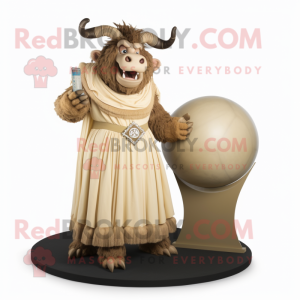 Beige Minotaur mascot costume character dressed with a Ball Gown and Rings