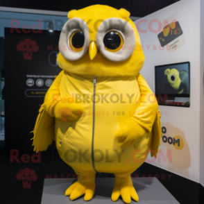 Lemon Yellow Owl mascot costume character dressed with a Turtleneck and Keychains