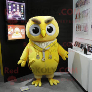 Lemon Yellow Owl mascot costume character dressed with a Turtleneck and Keychains