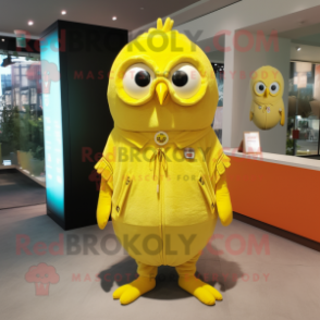 Lemon Yellow Owl mascot costume character dressed with a Turtleneck and Keychains