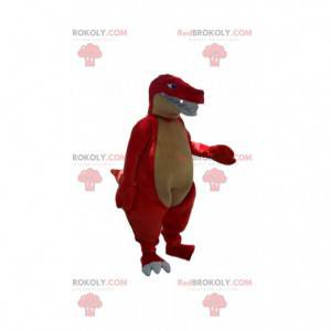 Mascote de dinossauro vermelho e amarelo, fantasia de dragão