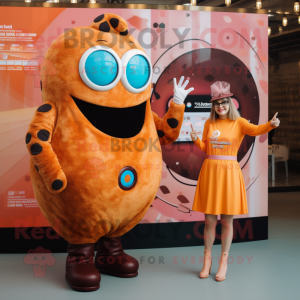 Rust Donut mascot costume character dressed with a Mini Dress and Digital watches